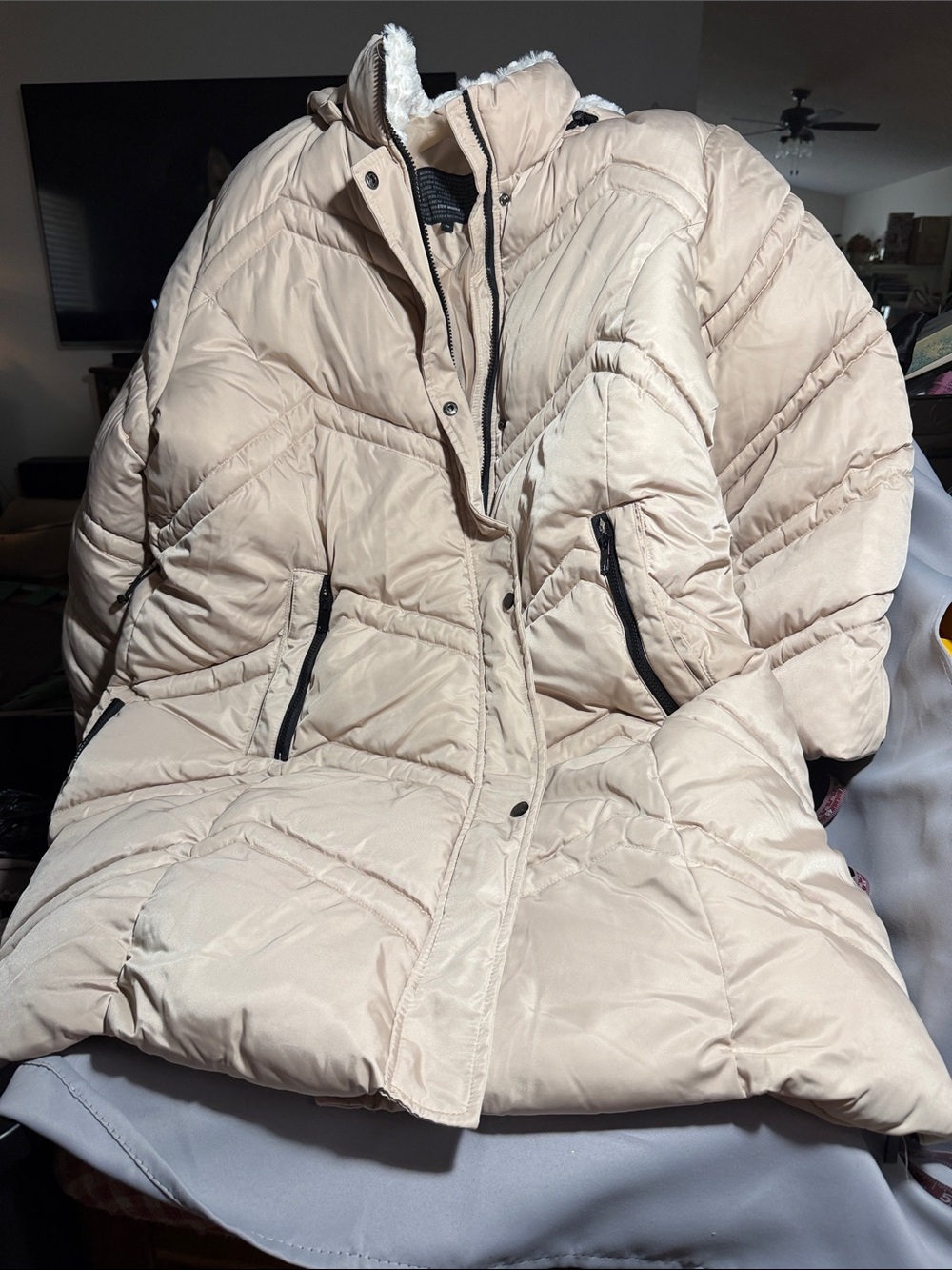 Steve Madden Beige Long Puffer Coat with Faux Fur Trim